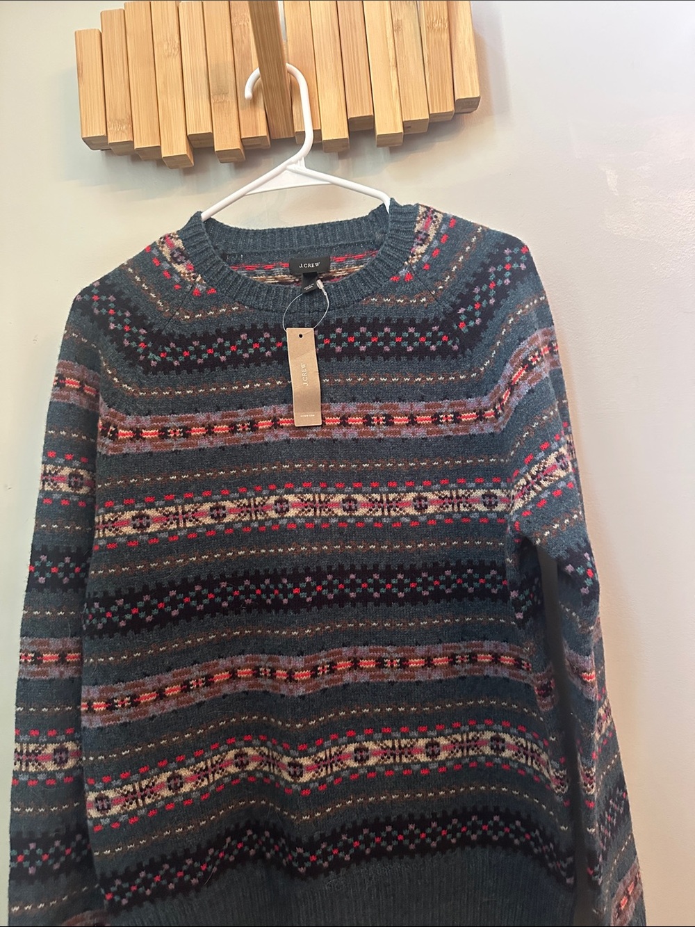 J. Crew Teal Multicolor Fair Isle Wool Crewneck Sweater